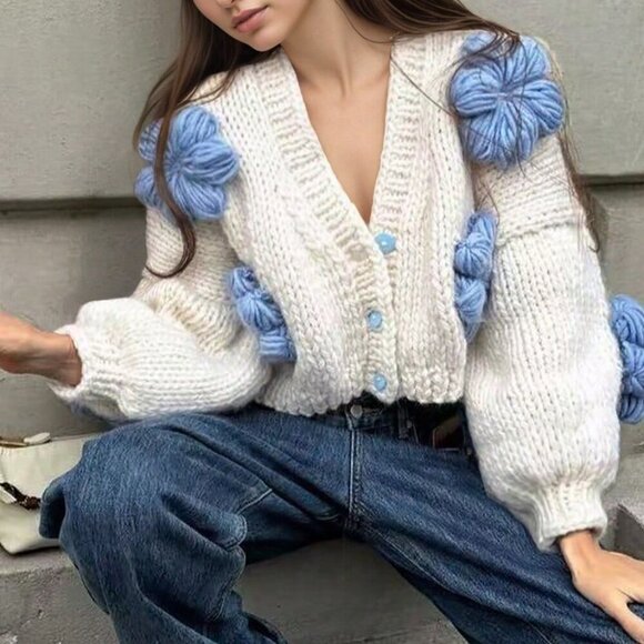 White Casual Women's Jacquard Floral Patchwork Knit Cardigan - Picture 7 of 7